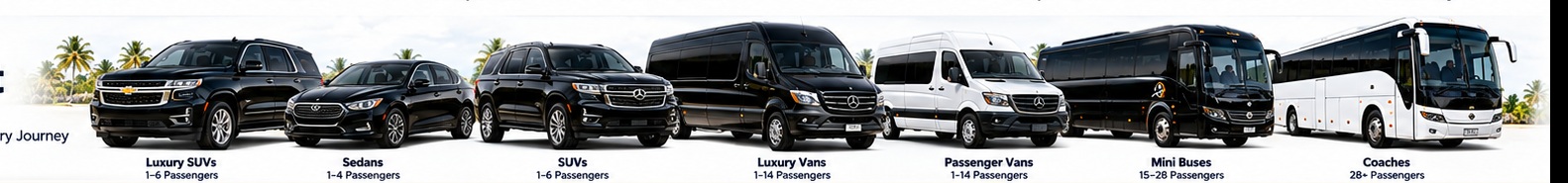 Stellar Routes fleet with black and white SUVs, vans, minibuses and coaches